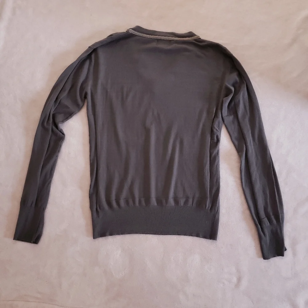 BACCA DA SILVA Gray Modal Blend V-Neck Velvet Trim Sweater